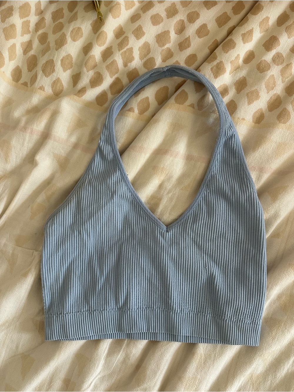 Garage Light Blue Ribbed V-Neck Halter Top
